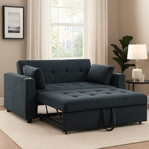 Lea 57" Convertible Sleeper Loveseat | 2 Pillows | Black Corduroy Tufting