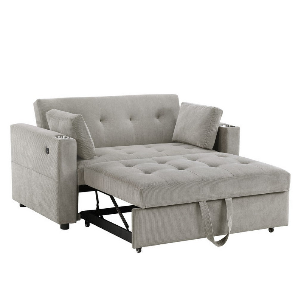 Lea 57" Convertible Sleeper Loveseat | 2 Pillows | Gray Corduroy Tufting