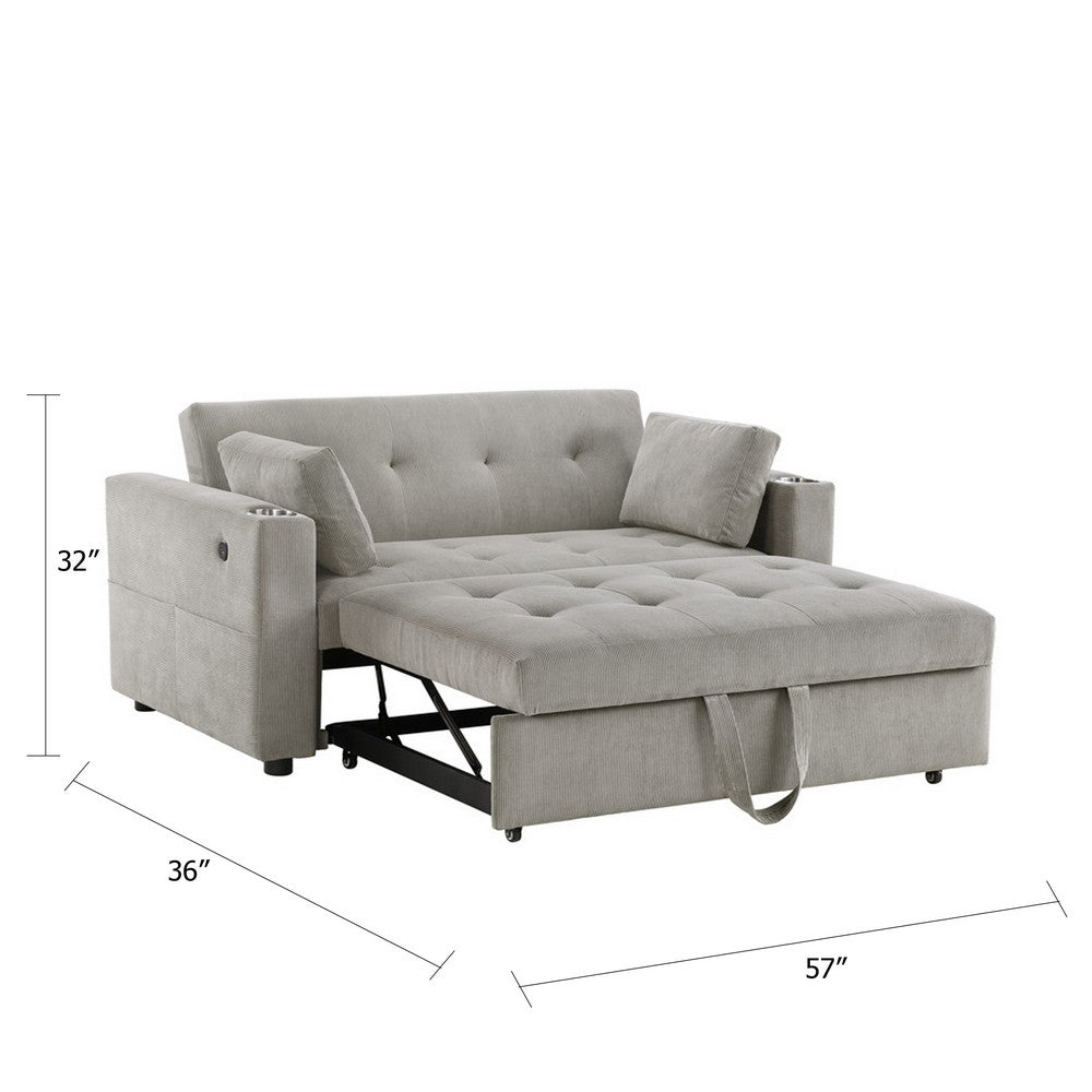 Lea 57" Convertible Sleeper Loveseat | 2 Pillows | Gray Corduroy Tufting