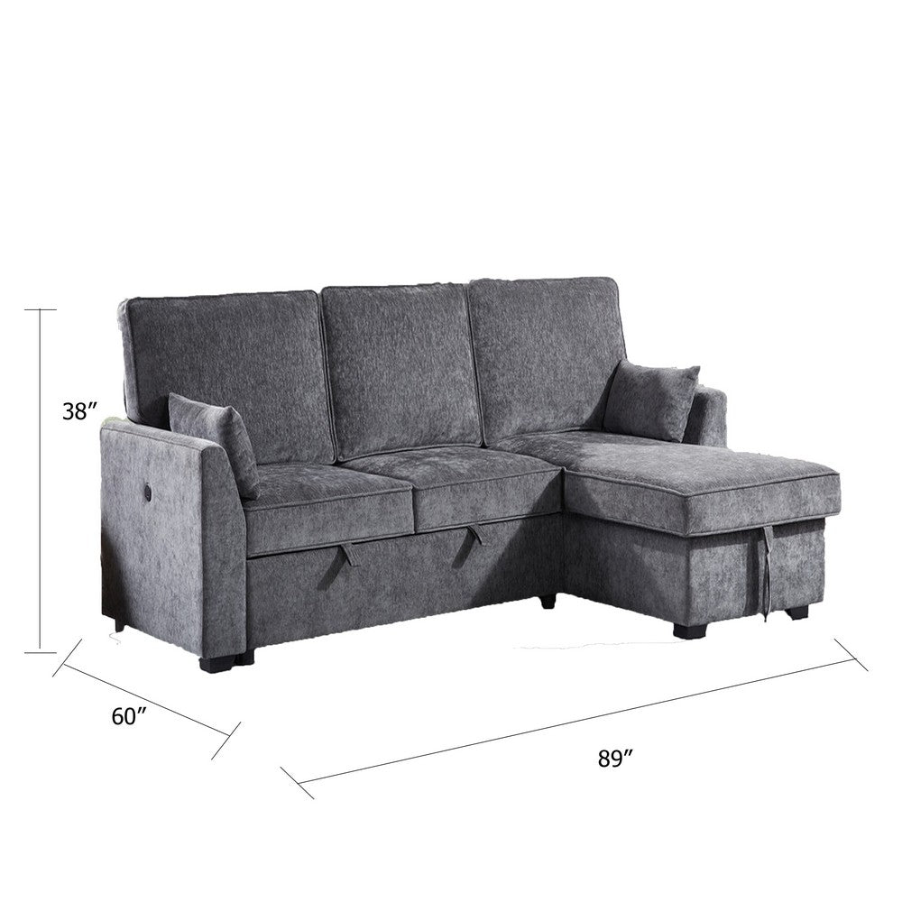 Ema 89" Sleeper Sectional Sofa | Reversible Storage Chaise | 2 Pillows | Gray