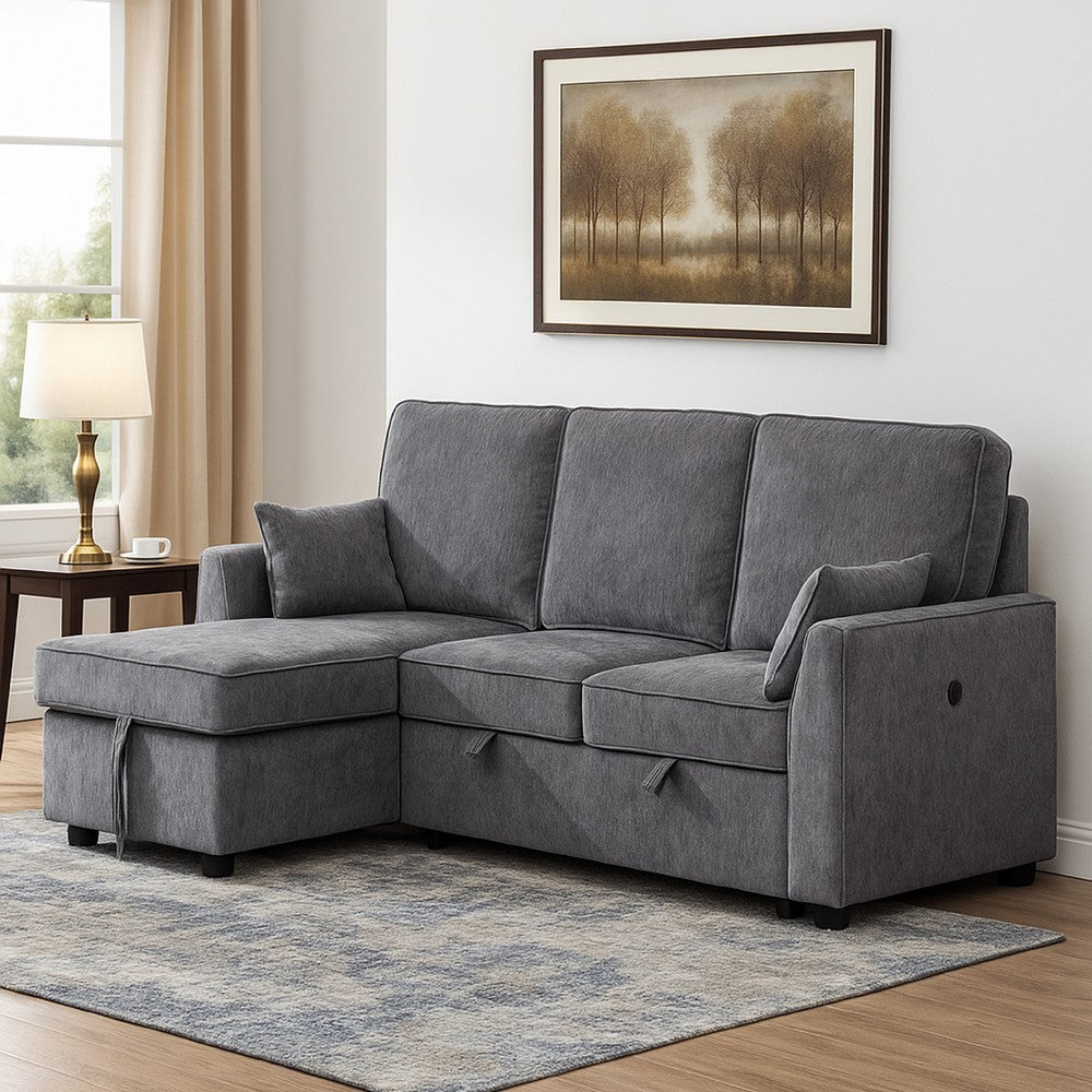 Ema 89" Sleeper Sectional Sofa | Reversible Storage Chaise | 2 Pillows | Gray