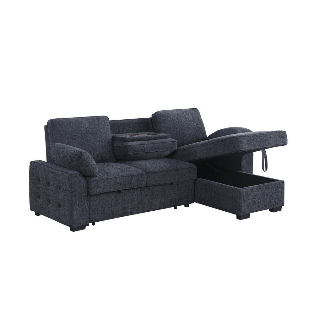 Ken 91" Sleeper Sectional Sofa w Storage Chaise | Charcoal Black Chenille