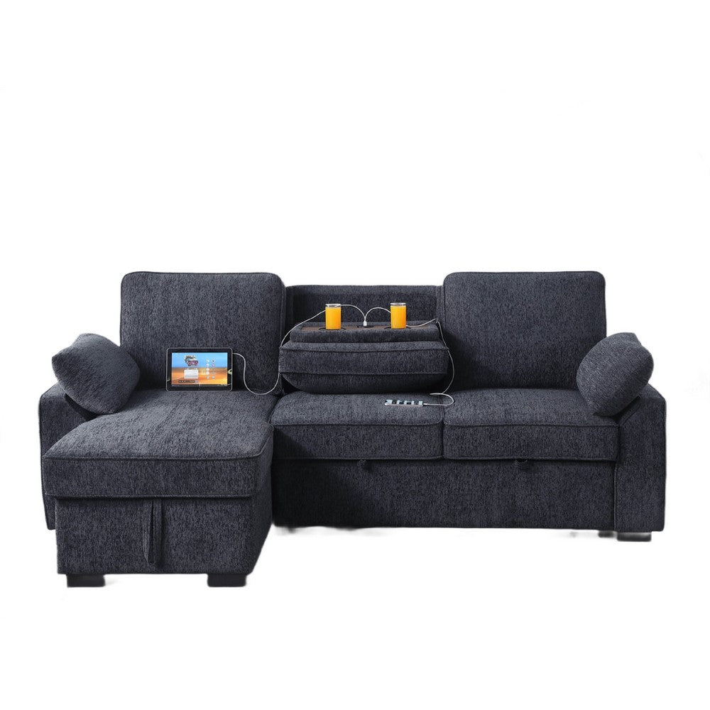 Ken 91" Sleeper Sectional Sofa w Storage Chaise | Charcoal Black Chenille