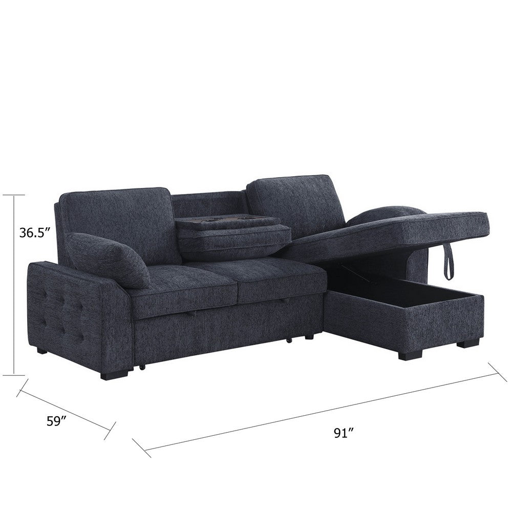 Ken 91" Sleeper Sectional Sofa w Storage Chaise | Charcoal Black Chenille