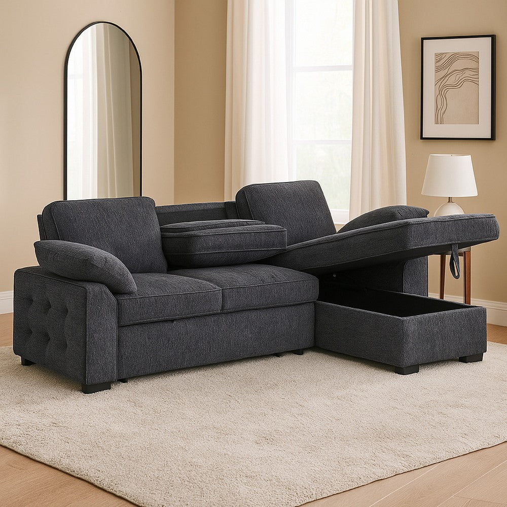 Ken 91" Sleeper Sectional Sofa w Storage Chaise | Charcoal Black Chenille