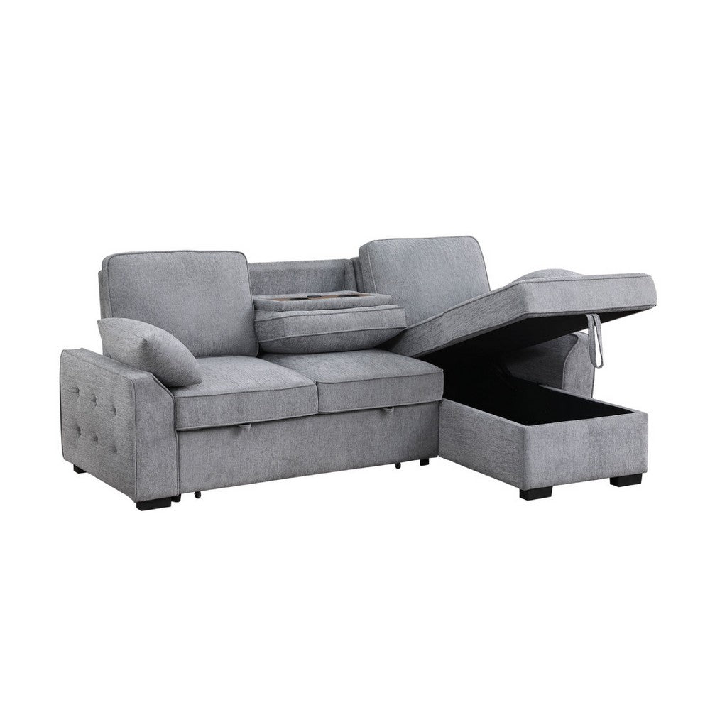 Ken 91" Sleeper Sectional Sofa w Storage Chaise & USB | Light Gray Chenille