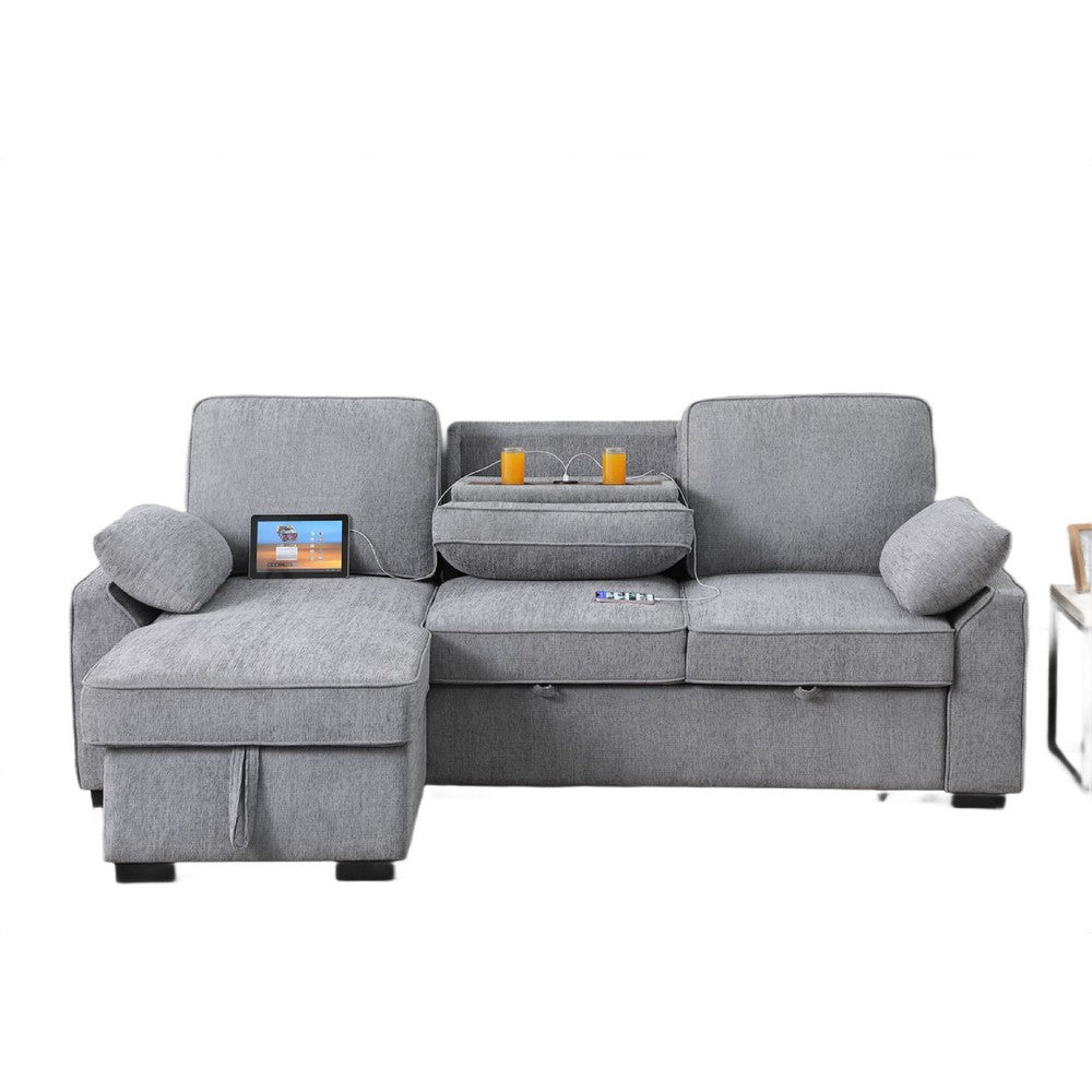 Ken 91" Sleeper Sectional Sofa w Storage Chaise & USB | Light Gray Chenille