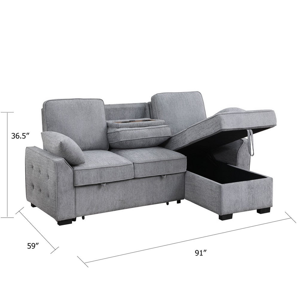 Ken 91" Sleeper Sectional Sofa w Storage Chaise & USB | Light Gray Chenille