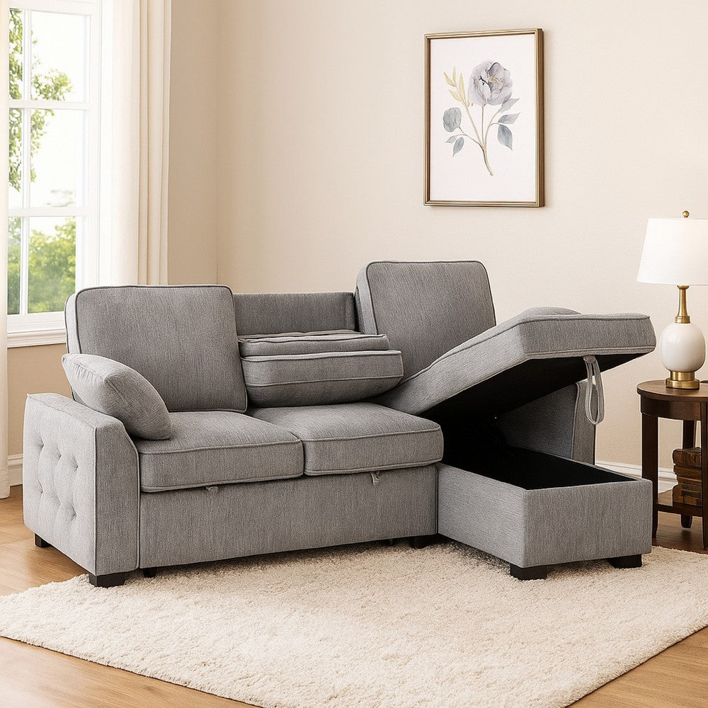 Ken 91" Sleeper Sectional Sofa w Storage Chaise & USB | Light Gray Chenille