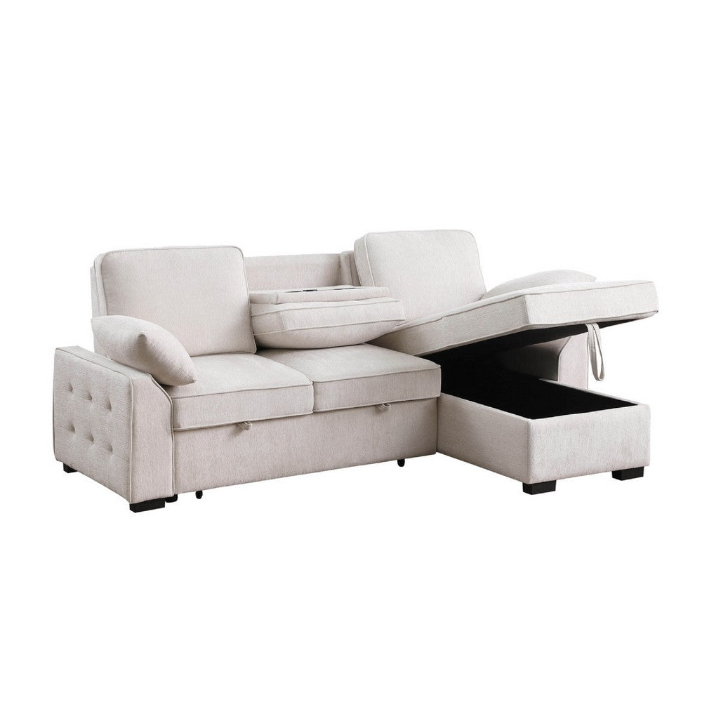 Ken 91" Sleeper Sectional Sofa w Storage Chaise & USB | Beige Chenille