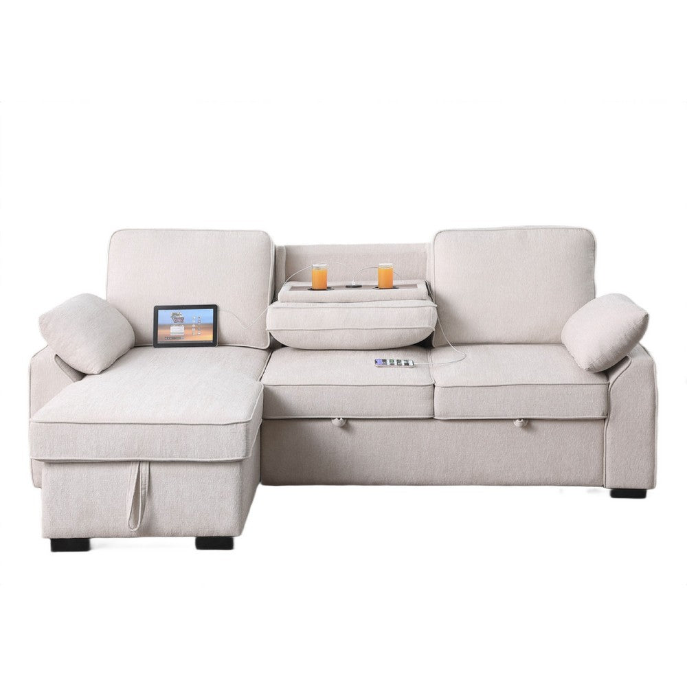 Ken 91" Sleeper Sectional Sofa w Storage Chaise & USB | Beige Chenille