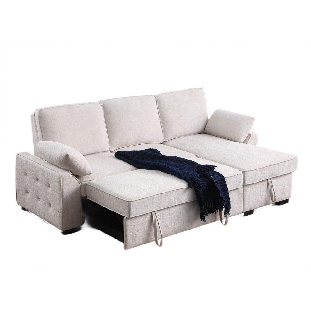 Ken 91" Sleeper Sectional Sofa w Storage Chaise & USB | Beige Chenille