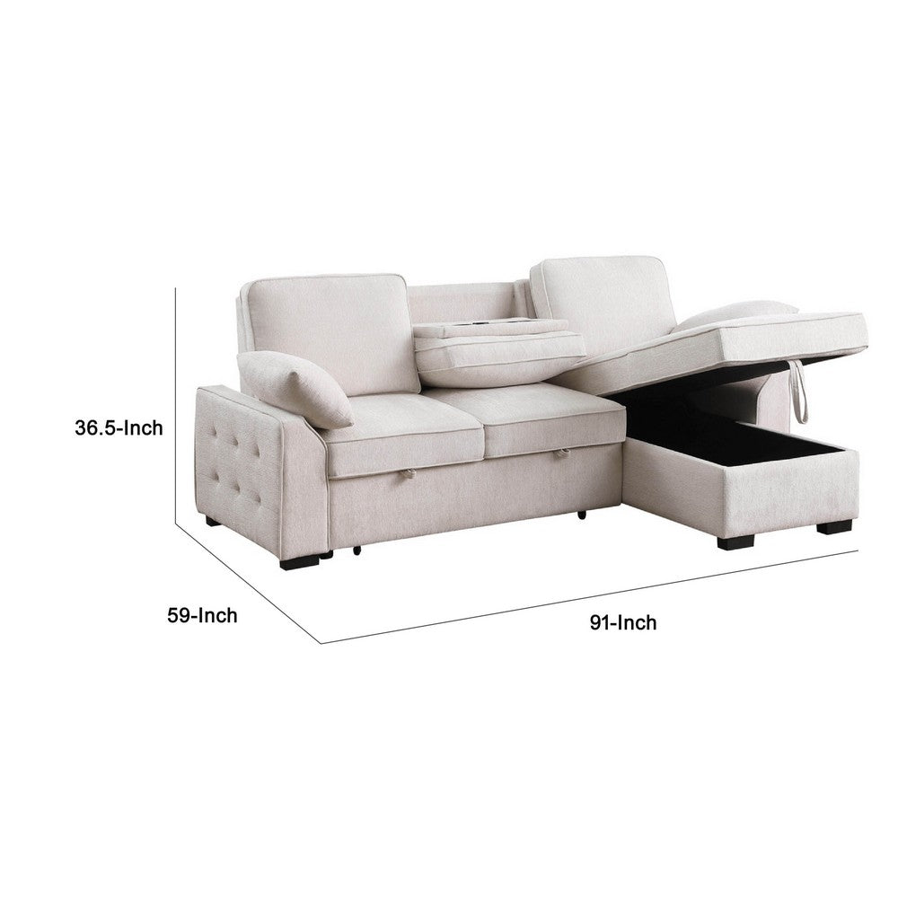 Ken 91" Sleeper Sectional Sofa w Storage Chaise & USB | Beige Chenille