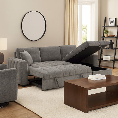 Sery 101" Sleeper Sectional Sofa w Storage Chaise | Pillows | Gray Chenille