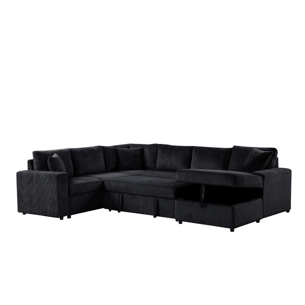 Xely Sleeper Sectional Sofa | Storage Chaise 3 Pillows | Black Corduroy 123"