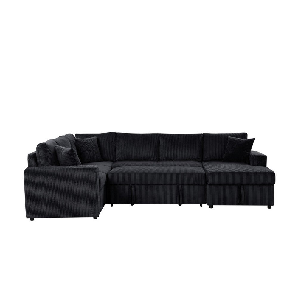 Xely Sleeper Sectional Sofa | Storage Chaise 3 Pillows | Black Corduroy 123"