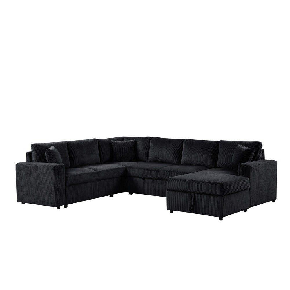 Xely Sleeper Sectional Sofa | Storage Chaise 3 Pillows | Black Corduroy 123"