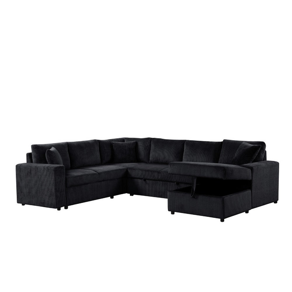 Xely Sleeper Sectional Sofa | Storage Chaise 3 Pillows | Black Corduroy 123"