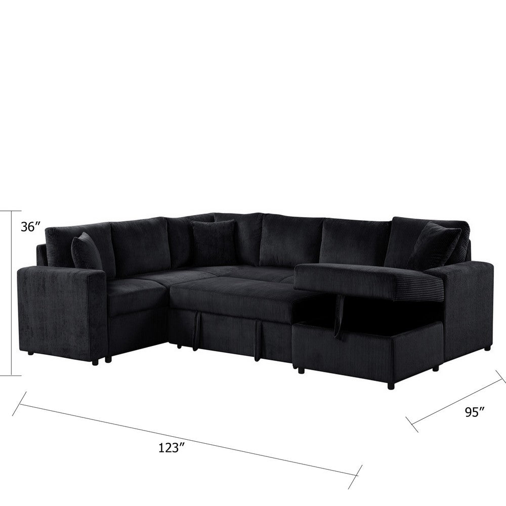 Xely Sleeper Sectional Sofa | Storage Chaise 3 Pillows | Black Corduroy 123"