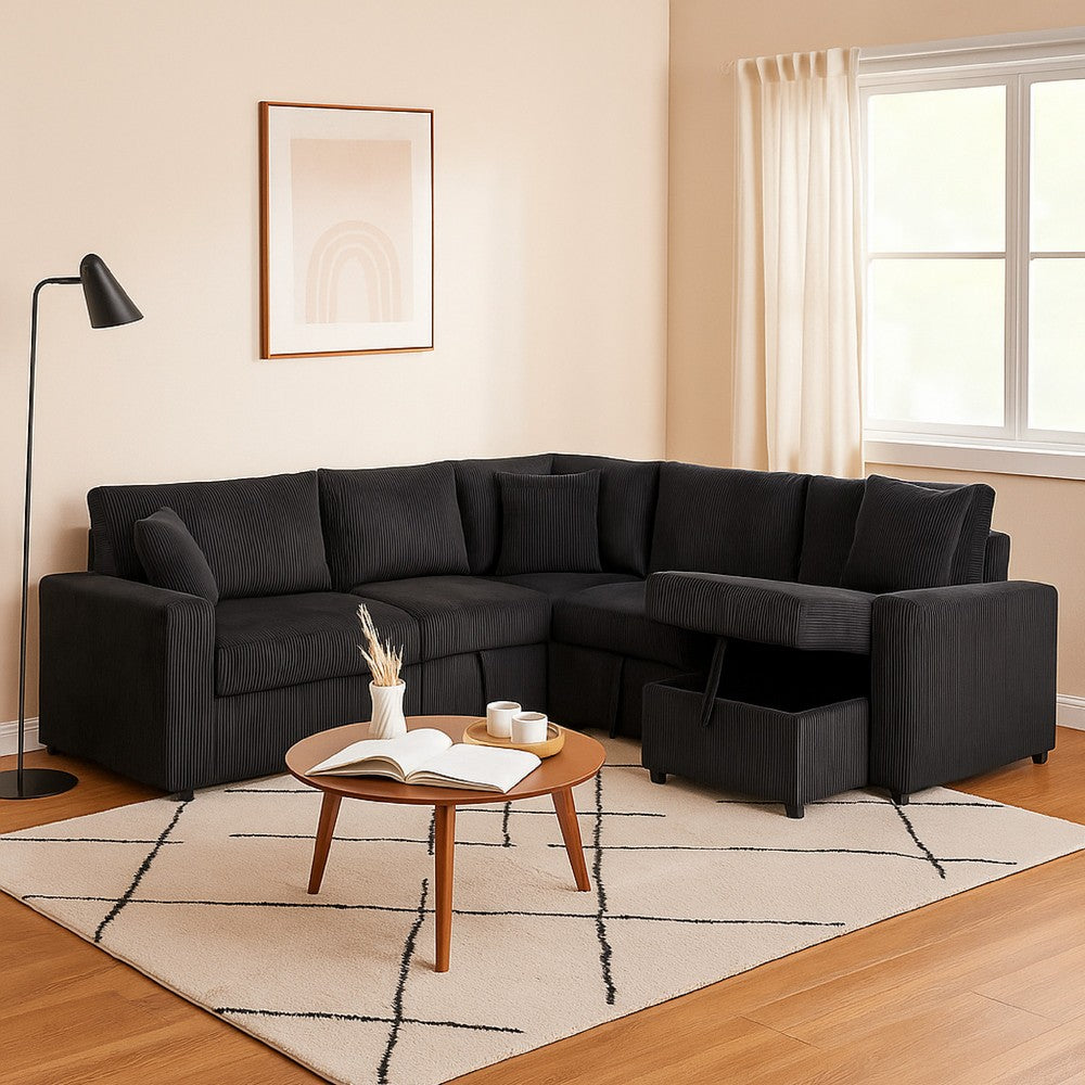 Xely Sleeper Sectional Sofa | Storage Chaise 3 Pillows | Black Corduroy 123"