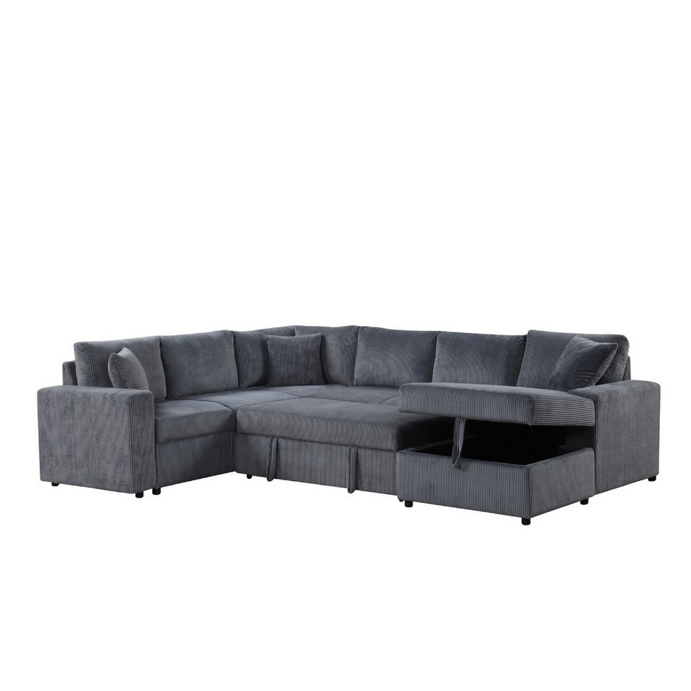 Xely Sleeper Sectional Sofa | Storage Chaise 3 Pillows | Gray Corduroy 123"