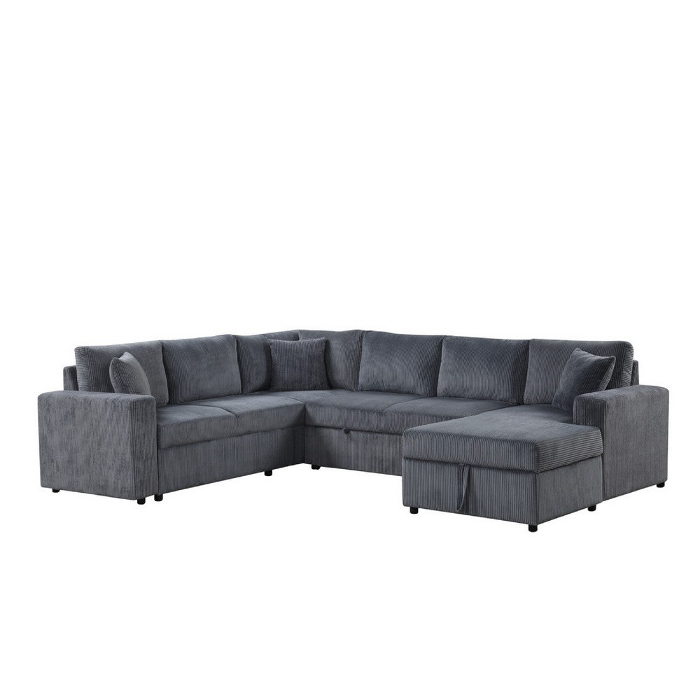 Xely Sleeper Sectional Sofa | Storage Chaise 3 Pillows | Gray Corduroy 123"