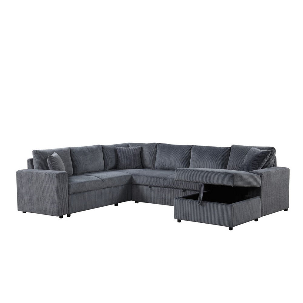 Xely Sleeper Sectional Sofa | Storage Chaise 3 Pillows | Gray Corduroy 123"