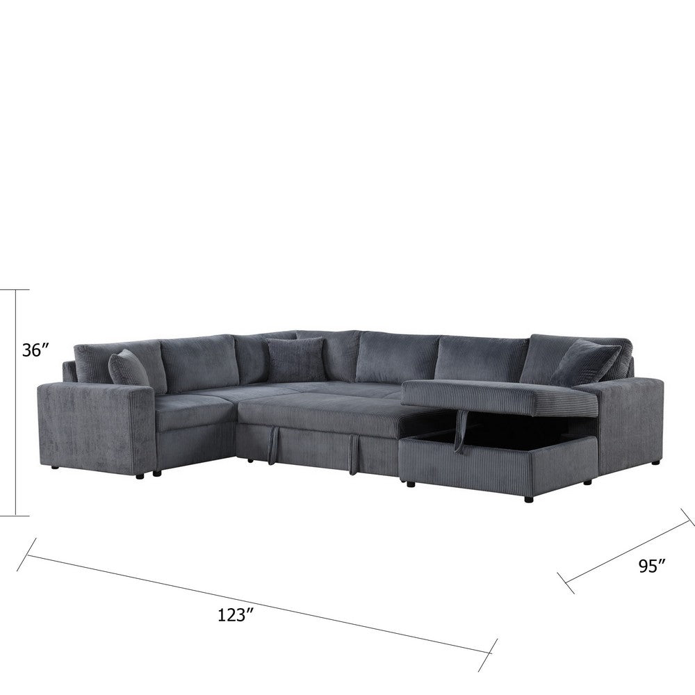 Xely Sleeper Sectional Sofa | Storage Chaise 3 Pillows | Gray Corduroy 123"