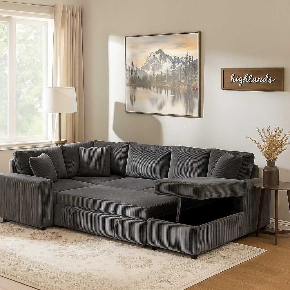 Xely Sleeper Sectional Sofa | Storage Chaise 3 Pillows | Gray Corduroy 123"