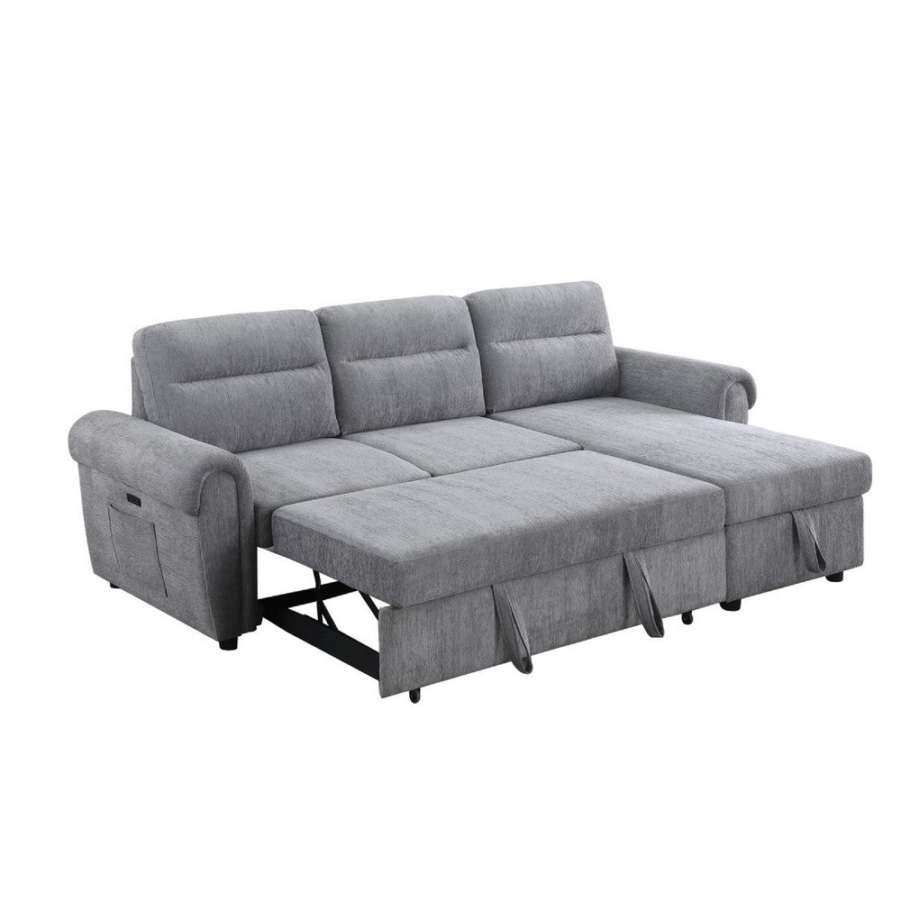 Heny Sleeper Sectional Sofa Storage Chaise | USB Ports | Gray Chenille 97"