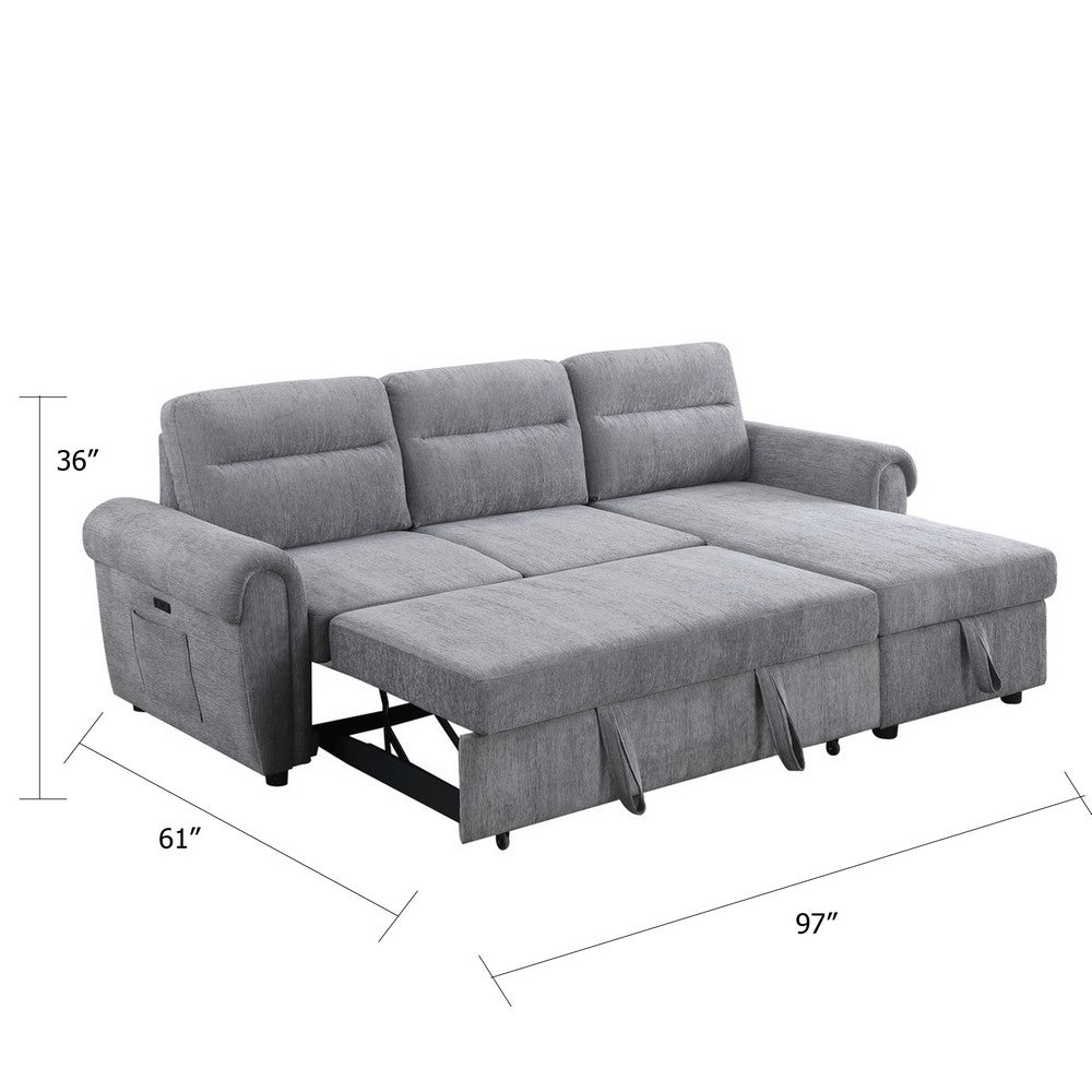 Heny Sleeper Sectional Sofa Storage Chaise | USB Ports | Gray Chenille 97"