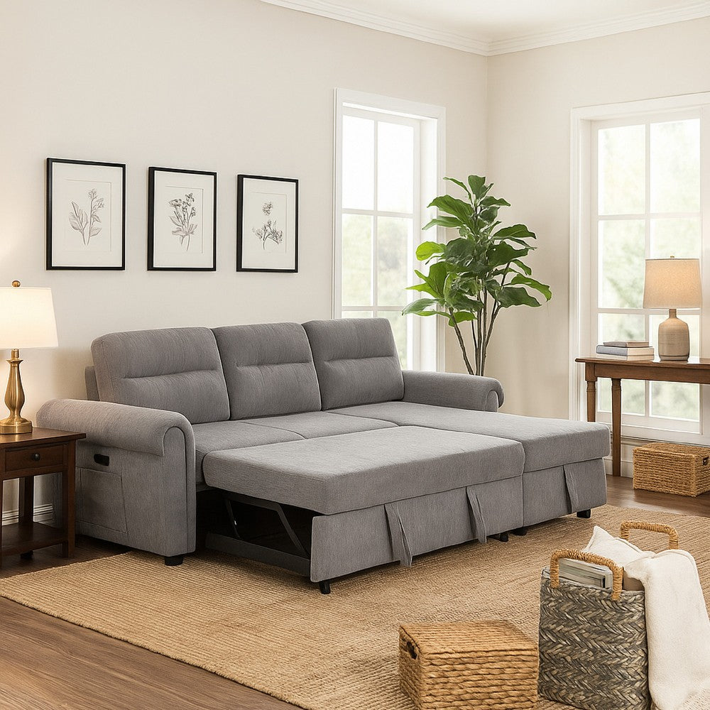 Heny Sleeper Sectional Sofa Storage Chaise | USB Ports | Gray Chenille 97"