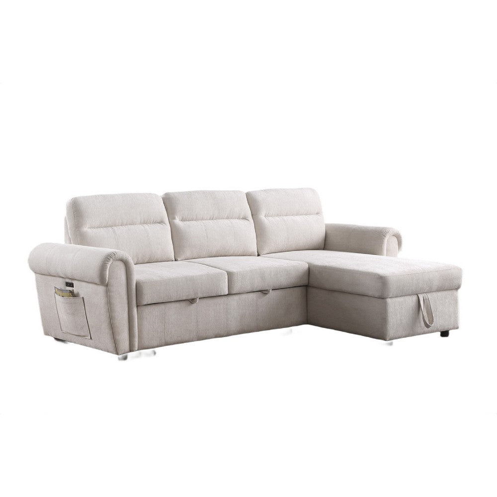 Heny Sleeper Sectional Sofa Storage Chaise | USB Ports | Beige Chenille 97"