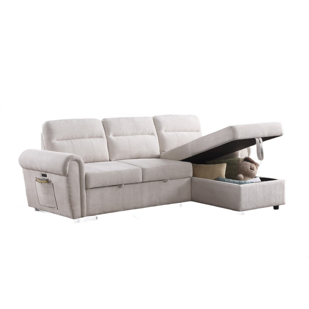 Heny Sleeper Sectional Sofa Storage Chaise | USB Ports | Beige Chenille 97"
