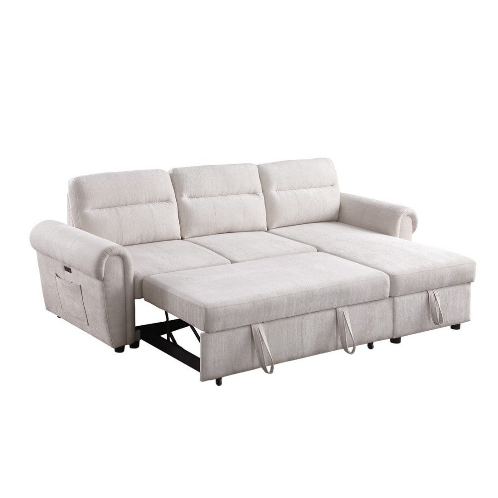 Heny Sleeper Sectional Sofa Storage Chaise | USB Ports | Beige Chenille 97"
