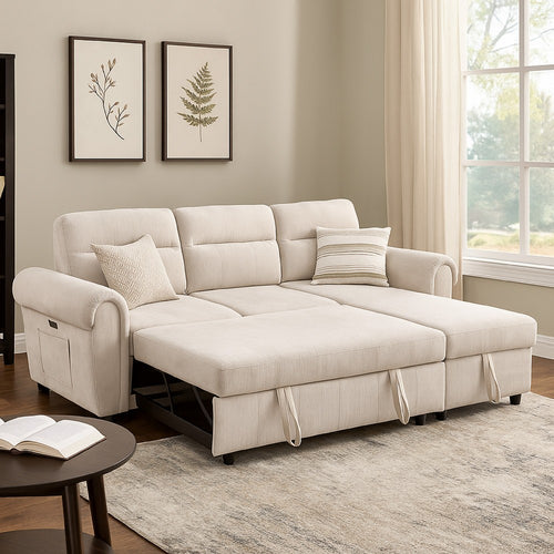 Heny Sleeper Sectional Sofa Storage Chaise | USB Ports | Beige Chenille 97"