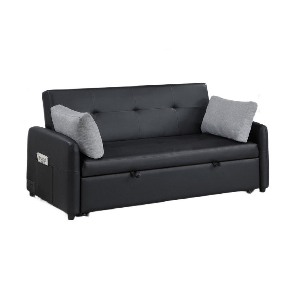 Dely Convertible Sleeper Sofa | 2 Pillows | Black Faux Leather Tufting 69"