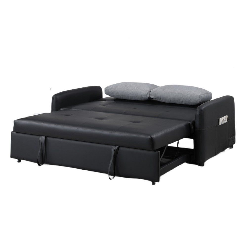 Dely Convertible Sleeper Sofa | 2 Pillows | Black Faux Leather Tufting 69"