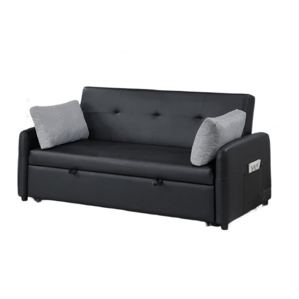 Dely Convertible Sleeper Sofa | 2 Pillows | Black Faux Leather Tufting 69"