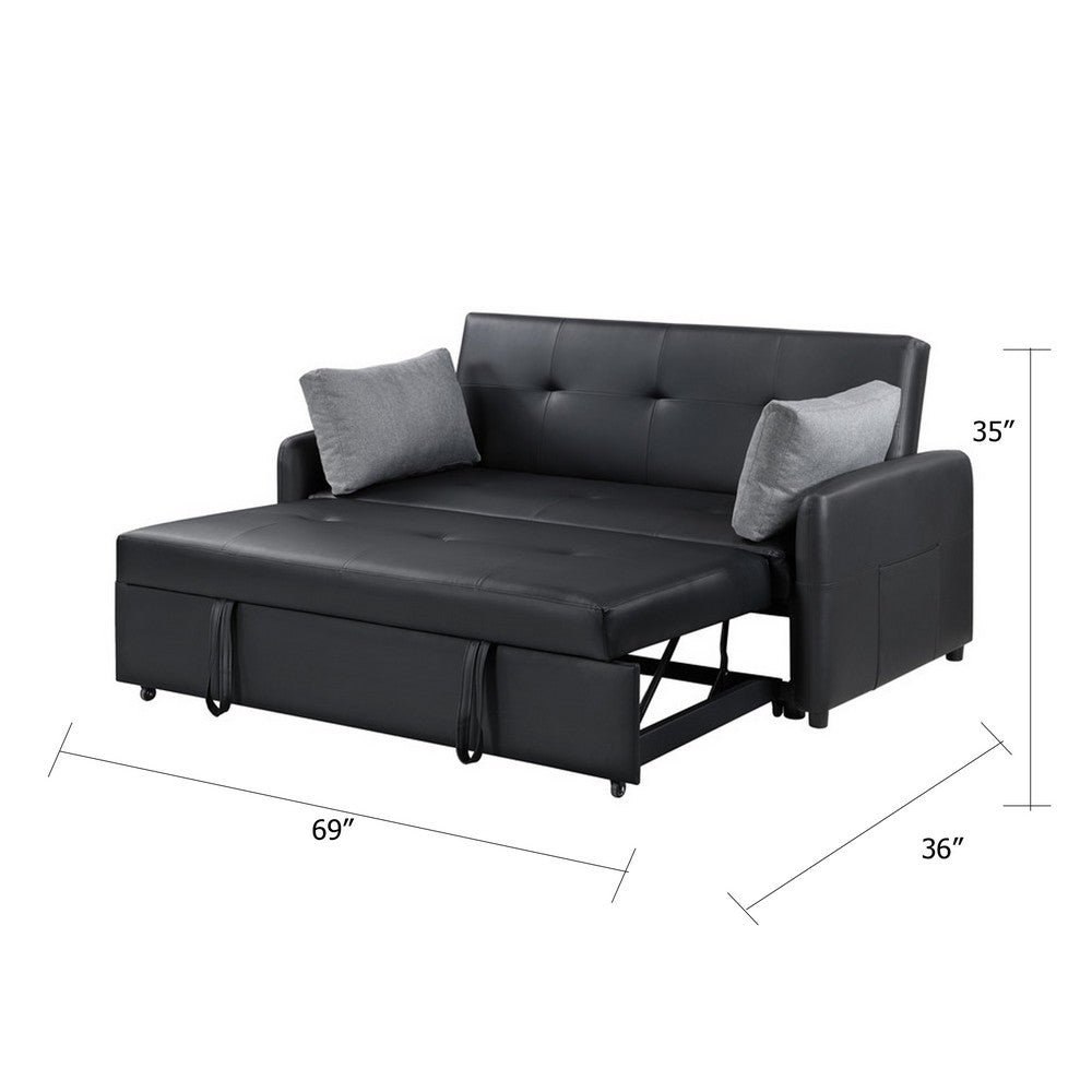 Dely Convertible Sleeper Sofa | 2 Pillows | Black Faux Leather Tufting 69"