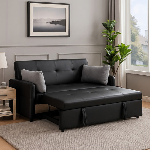 Dely Convertible Sleeper Sofa | 2 Pillows | Black Faux Leather Tufting 69"
