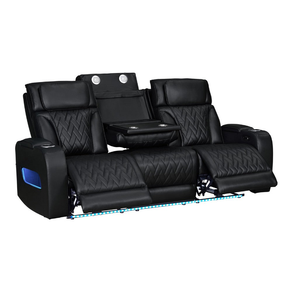 Jasi Power Reclining Sofa w Cupholders | LED | Black Leather Aire 84"