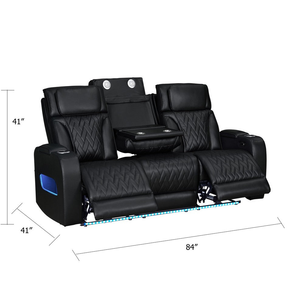 Jasi Power Reclining Sofa w Cupholders | LED | Black Leather Aire 84"