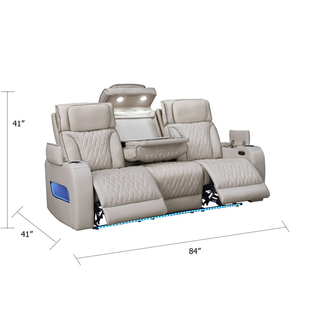 Jasi Power Reclining Sofa w Cupholders | LED | White Leather Aire 84"
