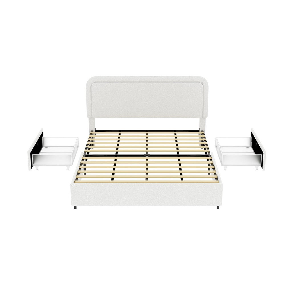 Lez Queen Size Platform Bed | 2 Storage Drawers | Ivory Boucle Upholstery