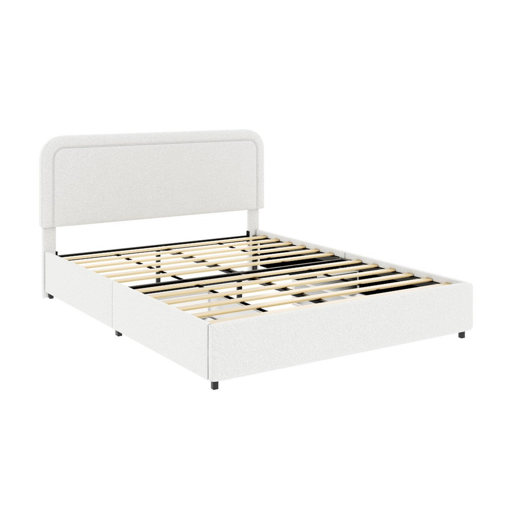 Lez Queen Size Platform Bed | 2 Storage Drawers | Ivory Boucle Upholstery