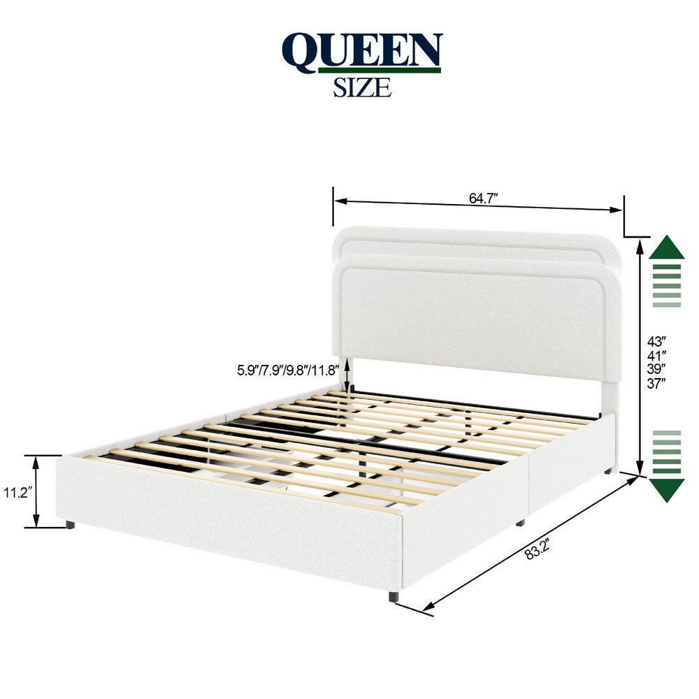 Lez Queen Size Platform Bed | 2 Storage Drawers | Ivory Boucle Upholstery
