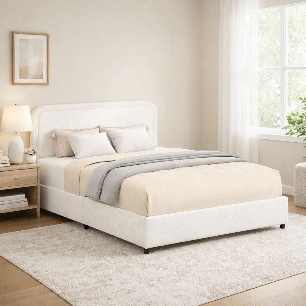 Lez Queen Size Platform Bed | 2 Storage Drawers | Ivory Boucle Upholstery