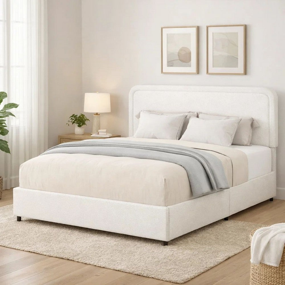 Lez Queen Size Platform Bed | 2 Storage Drawers | Ivory Boucle Upholstery