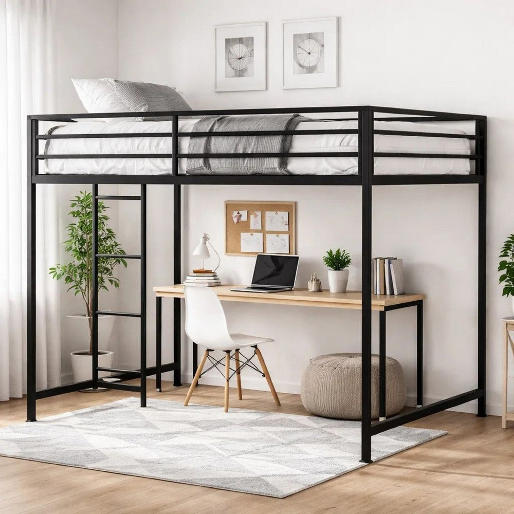 Ady Twin Size Loft Bed with Ladder & Guardrails | Black Metal Frame